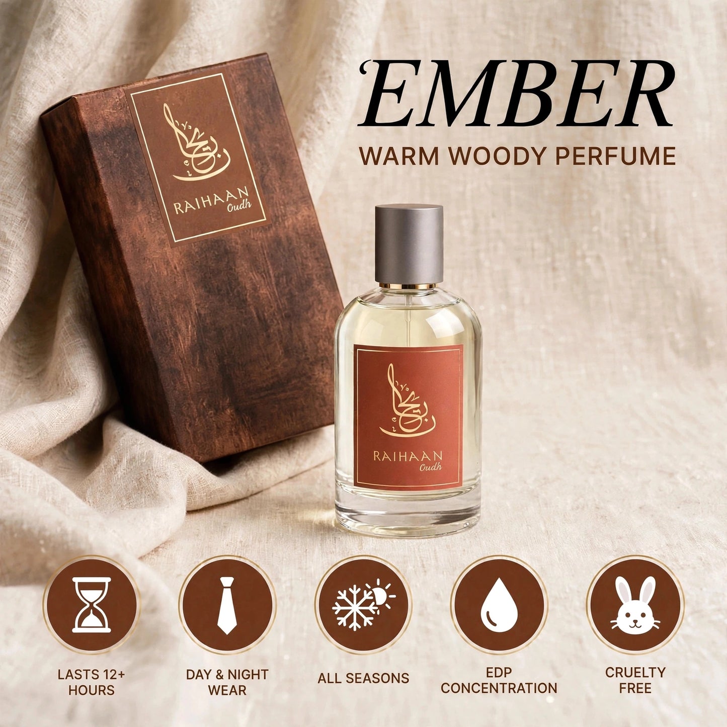 Raihaan Smiles Ember warm woody perfume bottle with a silver cap next to its wooden box, set against a draped beige fabric background with product feature icons at the bottom.