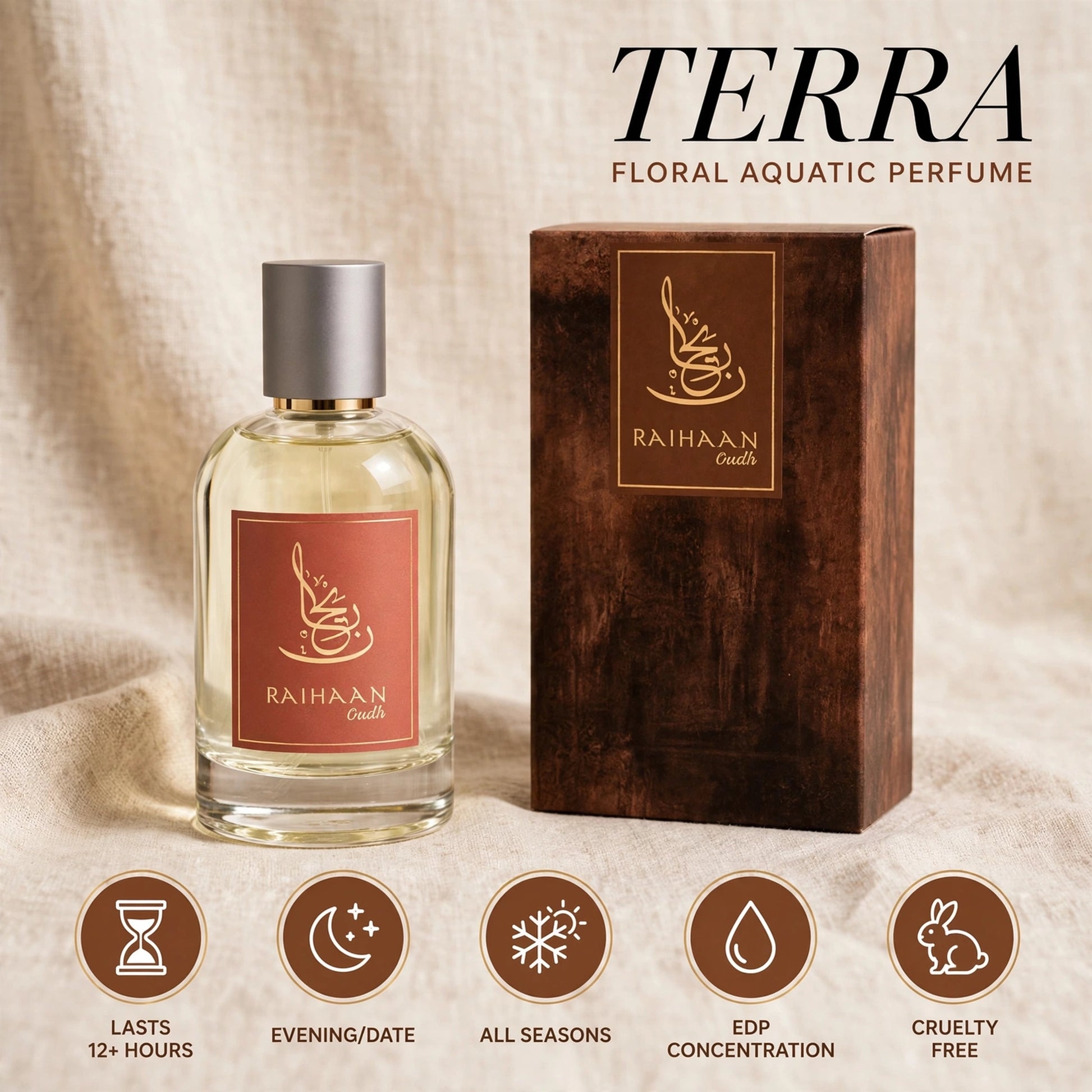 TERRA Floral Aquatic Perfume by Raihaan Scents, showing a clear glass bottle with a silver cap and a brown wooden box, set against a beige fabric background with feature icons at the bottom.