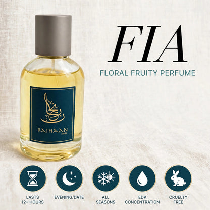A bottle of FIA Raihaan floral fruity perfume with a dark teal label and silver cap, set against a textured light beige background with product details and feature icons.