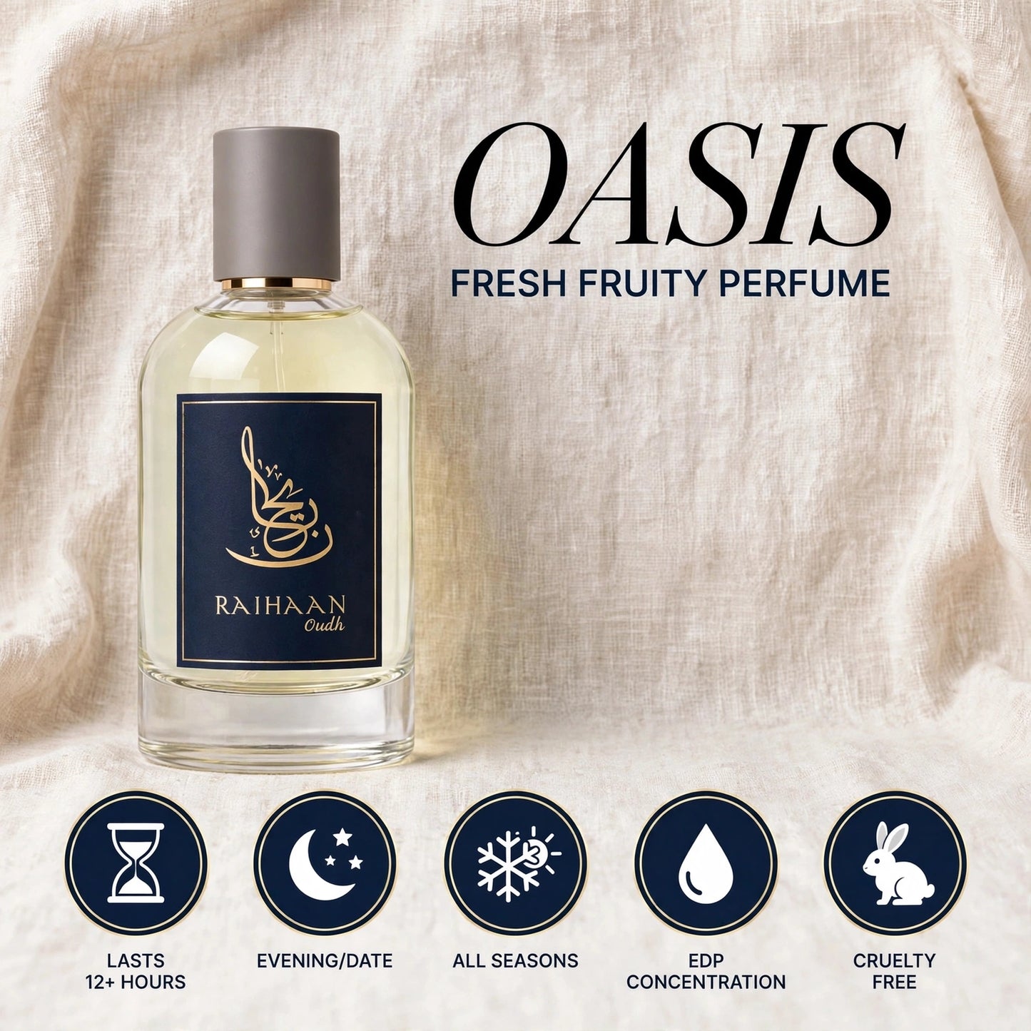 A bottle of Raihaan Clouds 'Oasis' fresh fruity perfume displayed on a textured beige fabric background, alongside product feature icons and text.