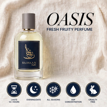 A bottle of Raihaan Clouds 'Oasis' fresh fruity perfume displayed on a textured beige fabric background, alongside product feature icons and text.