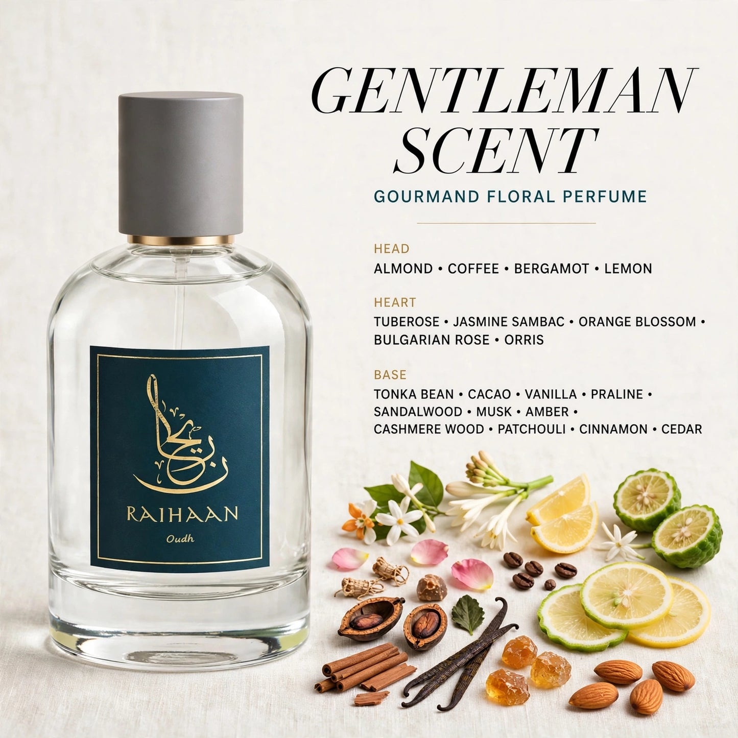 A clear glass perfume bottle with a gray cap and a dark teal label reading 'Raihaan Ghulab' is shown beside fragrance notes and scent ingredients on a light background. Text reads 'GENTLEMAN SCENT' and 'GOURMAND FLORAL PERFUME.