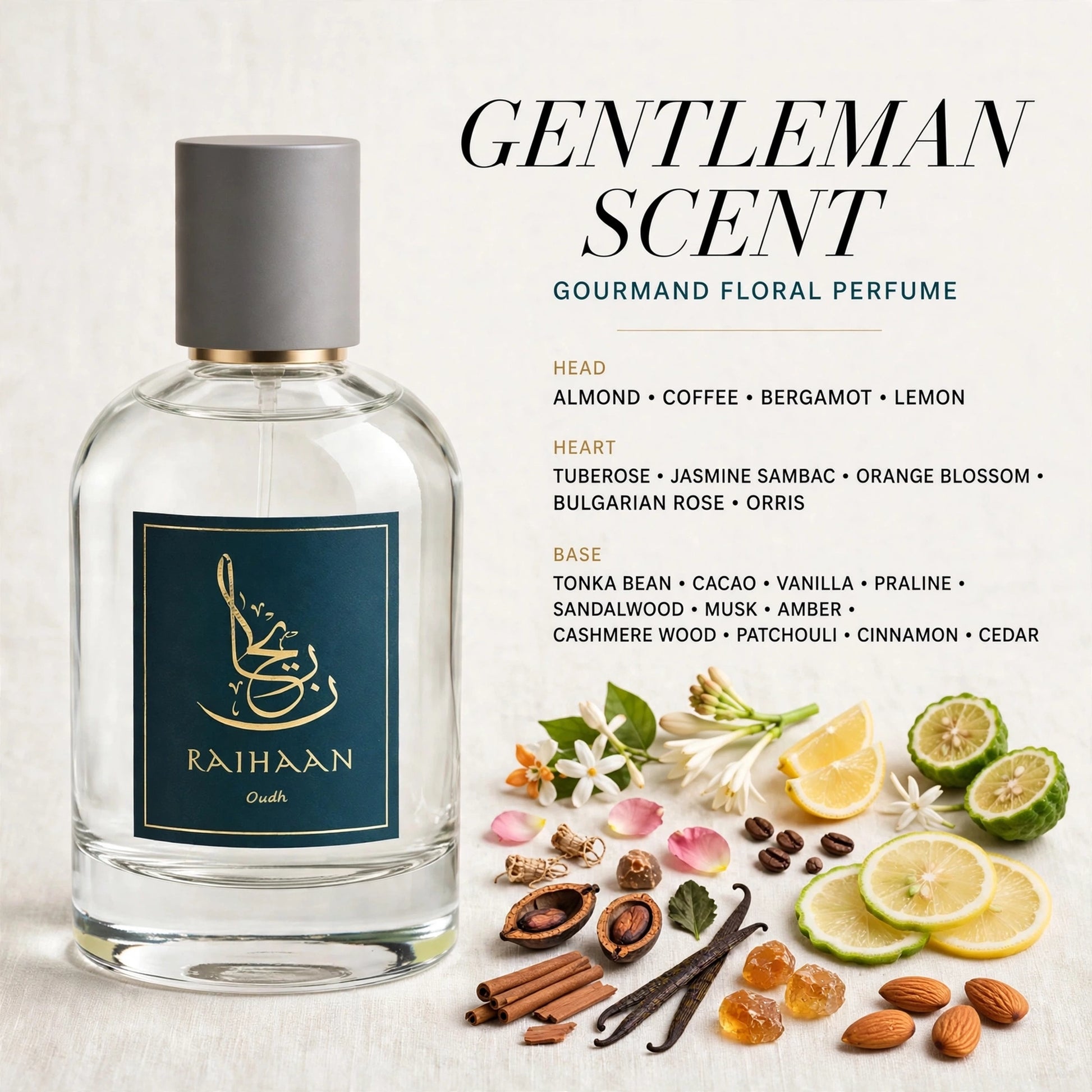 A clear glass perfume bottle with a gray cap and a dark teal label reading 'Raihaan Ghulab' is shown beside fragrance notes and scent ingredients on a light background. Text reads 'GENTLEMAN SCENT' and 'GOURMAND FLORAL PERFUME.