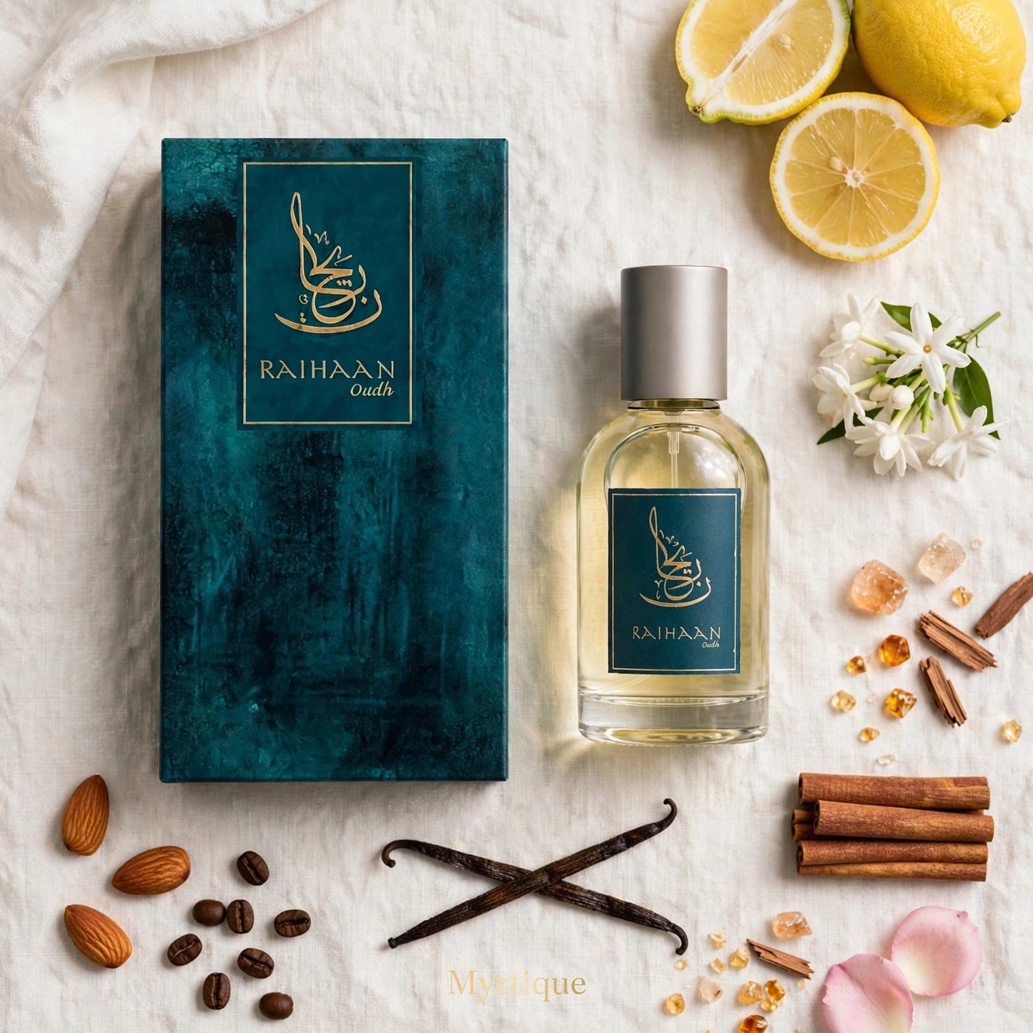 A perfume bottle and its matching dark teal box are arranged on a white fabric surface with styled natural ingredients around them, including lemons, almonds, cinnamon sticks, vanilla beans, coffee beans, and white flowers. The box and bottle both show the brand name RAHIAN with a gold emblem and the word 'Gauza'.