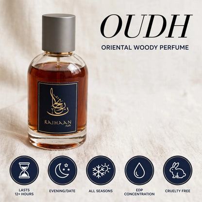 A bottle of Raihan Oudh Oriental Woody Perfume with amber liquid and a dark navy label, set against a light beige textured fabric background. The image includes text reading 'OUDH ORIENTAL WOODY PERFUME' and five circular icons at the bottom detailing product features like lasting 12+ hours, evening/date scent, all seasons, high EDP concentration, and cruelty free status.