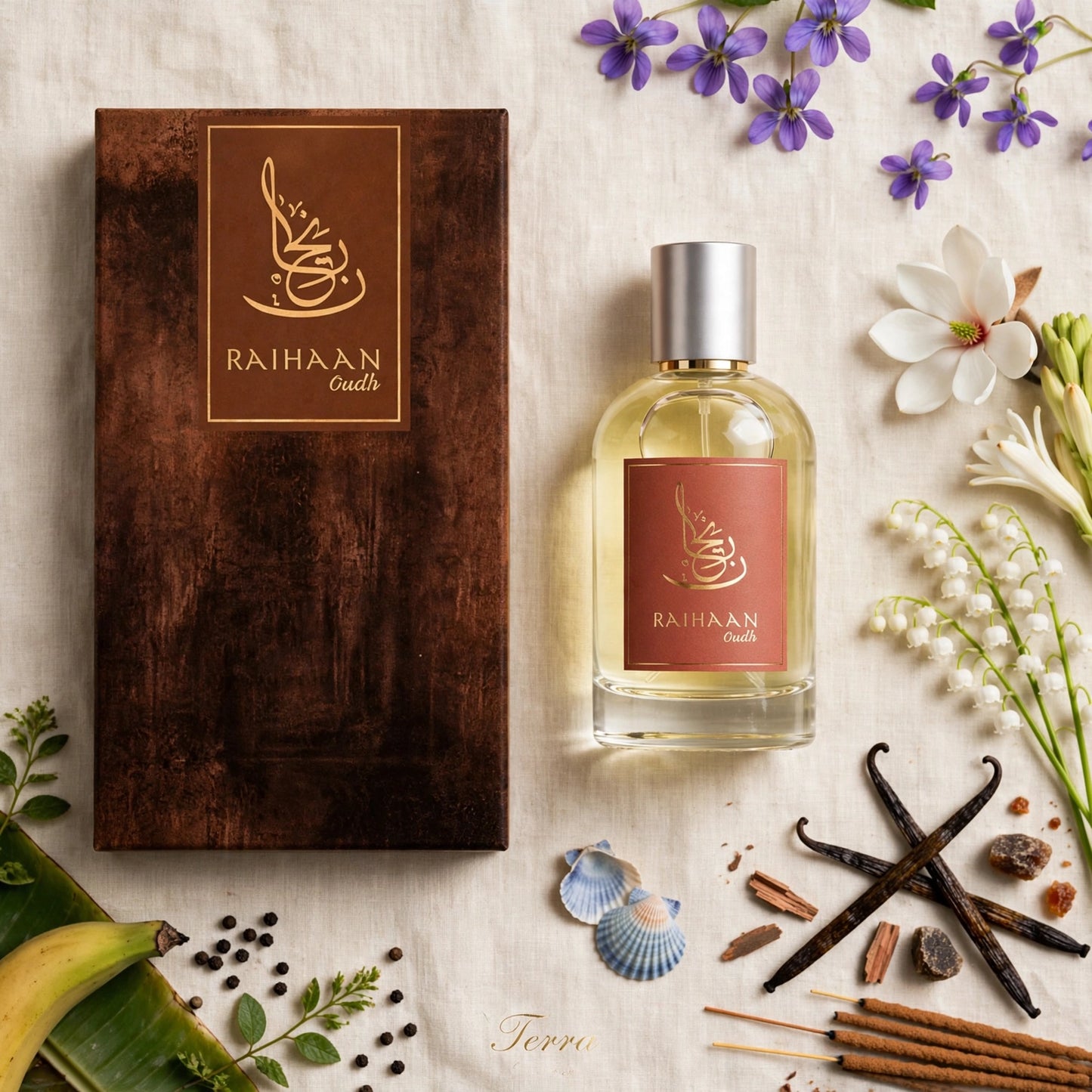 A bottle of Raihaan oudh perfume and its matching dark brown box, styled in a flat lay with natural ingredients like vanilla, cinnamon, cloves, and flowers on a light fabric background.
