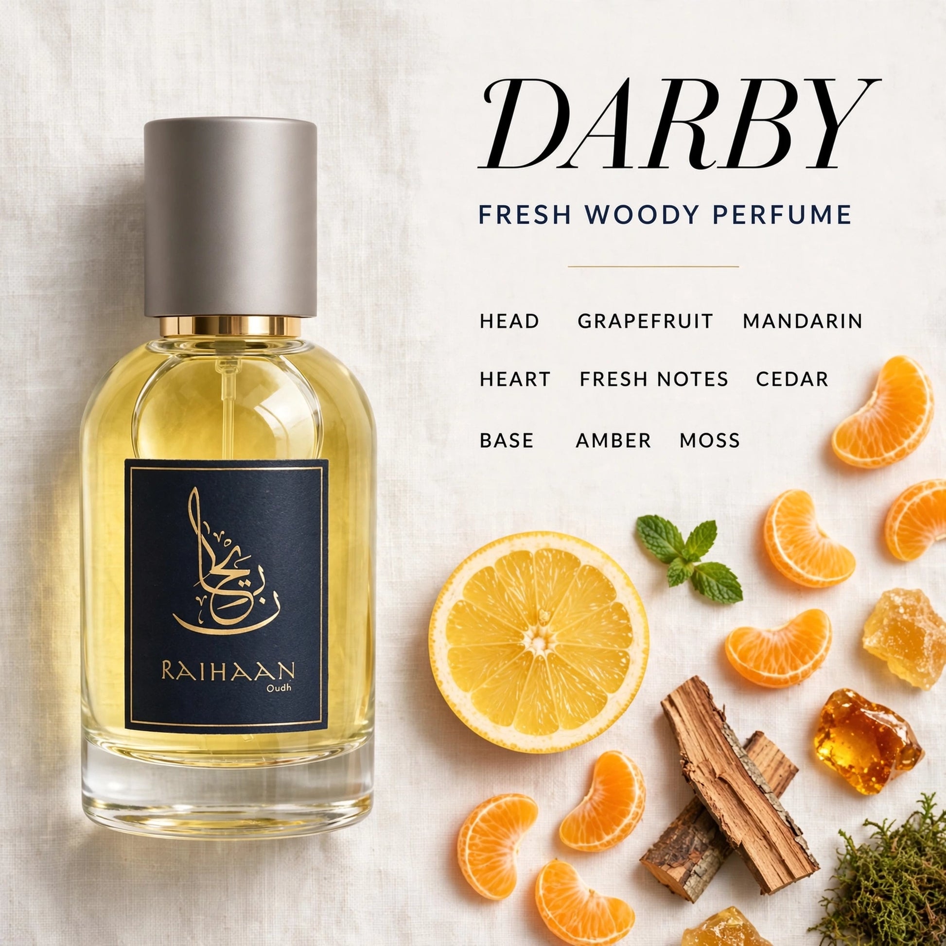 Darby Fresh Woody Perfume bottle labeled Raihaan Paris, shown on a light textured background with citrus slices, cinnamon sticks, and herbs. Text on the right lists scent notes: grapefruit, mandarin, fresh notes, cedar, amber, and moss.