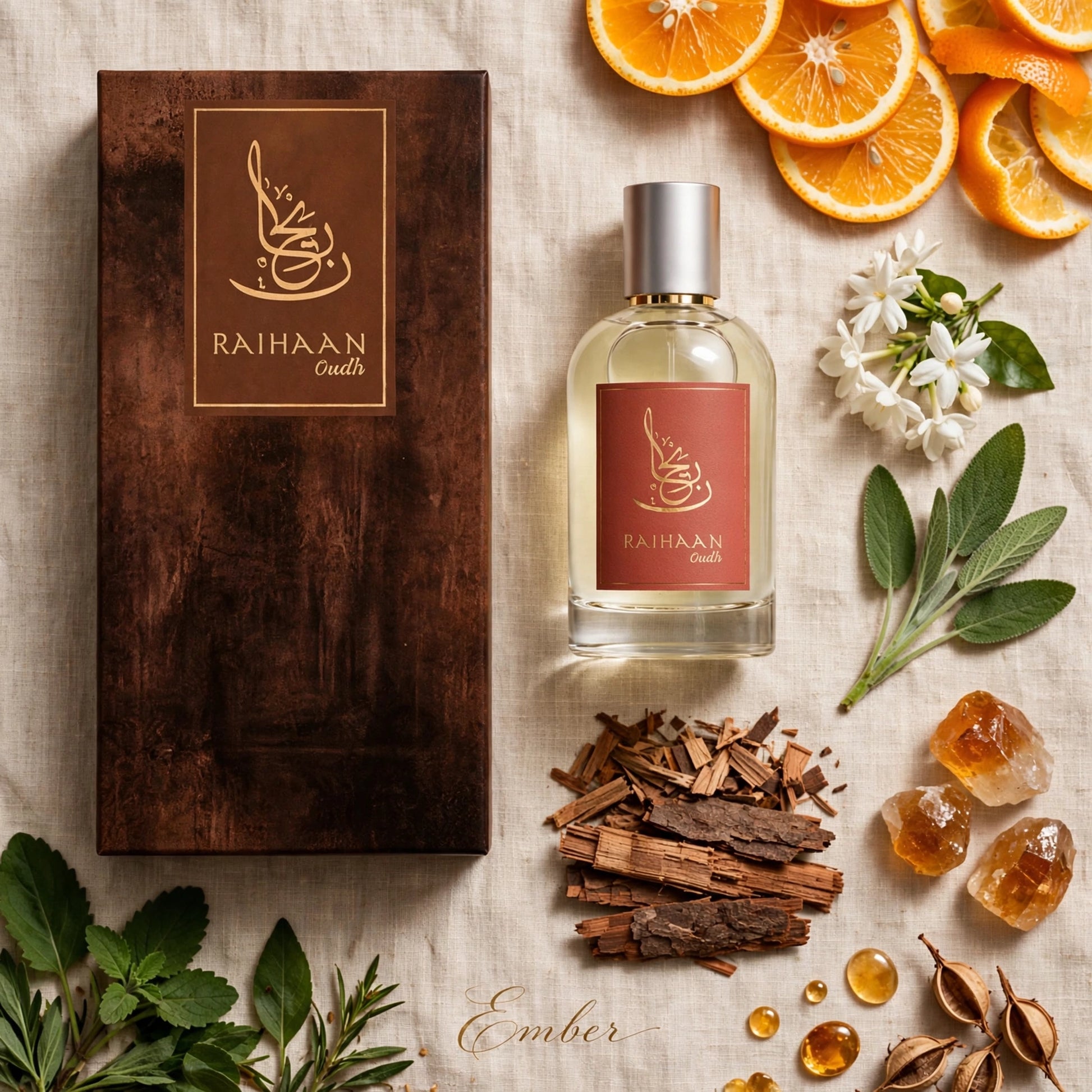 A bottle of Raihaan Gadi 'Ember' fragrance and its dark brown wooden box, styled in a flat lay with orange slices, white flowers, sage, cinnamon, amber crystals, and star anise on a textured beige linen background.