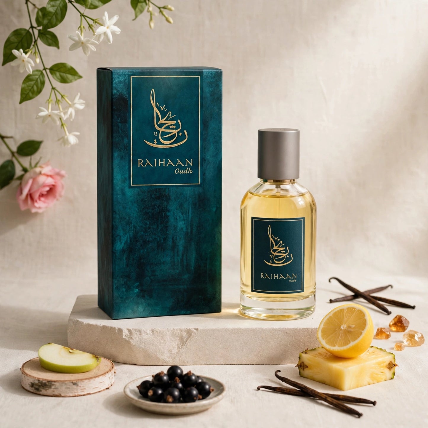 A bottle of Rajhaan oudh perfume and its matching teal box are displayed on a stone slab with fragrance-themed props including a lemon slice, vanilla beans, blueberries, and flowers against a neutral beige background.