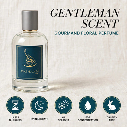 A bottle of Gentleman Scent Gourmand Floral Perfume by Raihaan, featuring a clear glass bottle with a silver cap and a dark teal label with gold Arabic calligraphy. The background is a textured beige fabric, with product details and five feature icons displayed below.