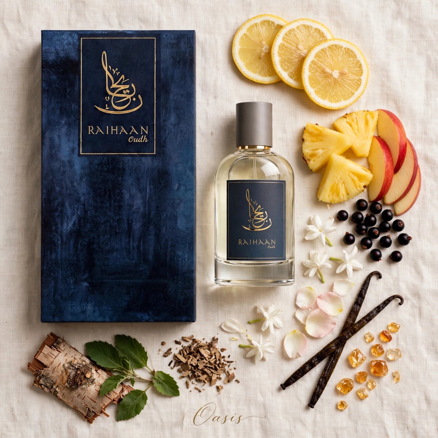 A bottle of RAIHAAN oudh perfume and its textured navy blue box are arranged in a styled flat-lay on a cream linen background, surrounded by citrus slices, pineapple, apple slices, vanilla beans, flowers, berries, and amber crystals.