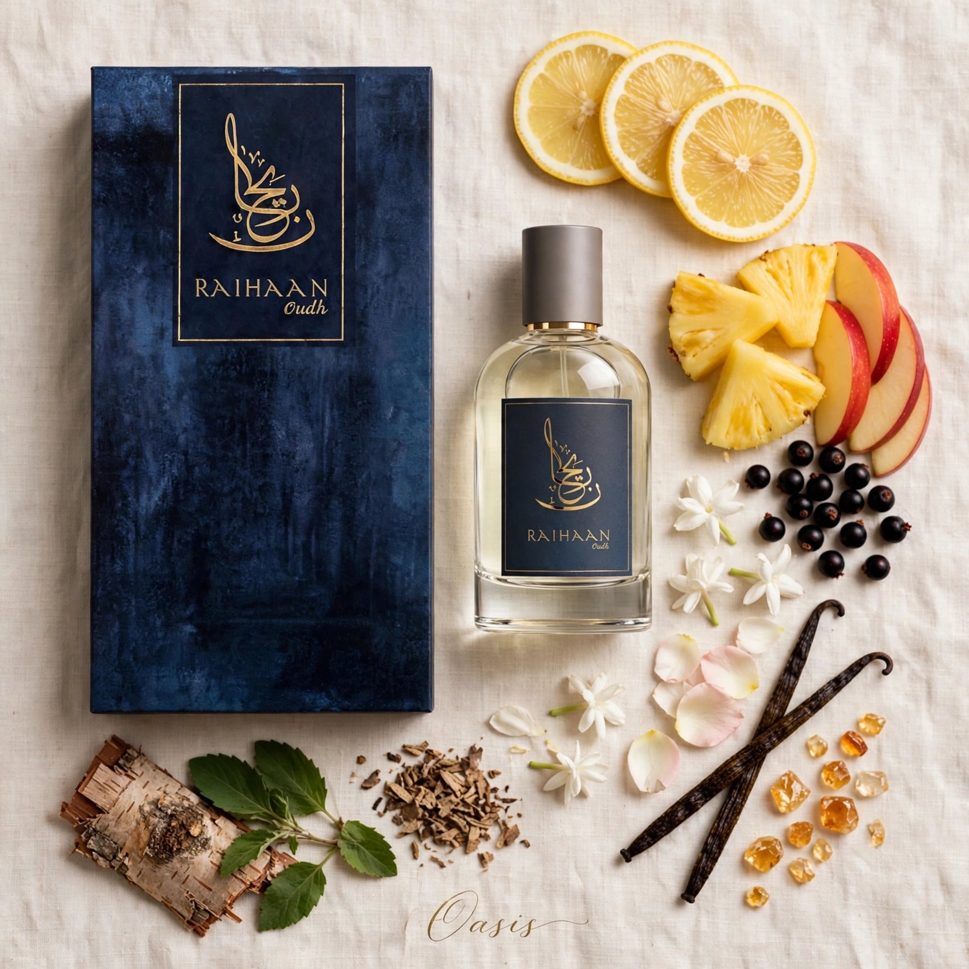 A bottle of RAIHAAN oudh perfume and its textured navy blue box are arranged in a styled flat-lay on a cream linen background, surrounded by citrus slices, pineapple, apple slices, vanilla beans, flowers, berries, and amber crystals.