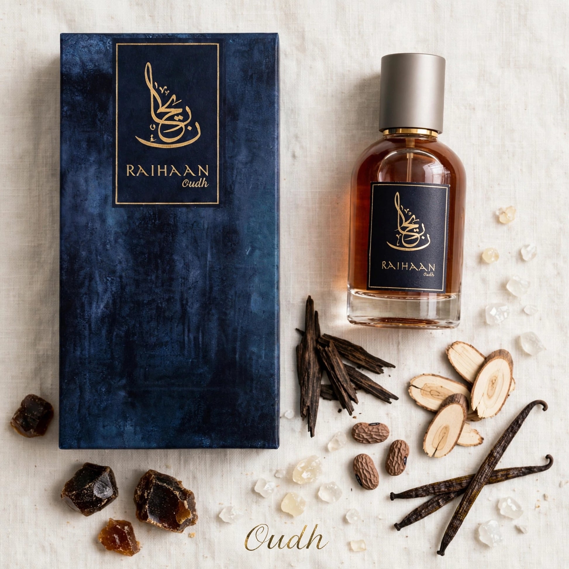 Raihaan Oudh perfume bottle and its dark blue textured box, styled with vanilla beans, honey, and sugar crystals on a light beige fabric background.